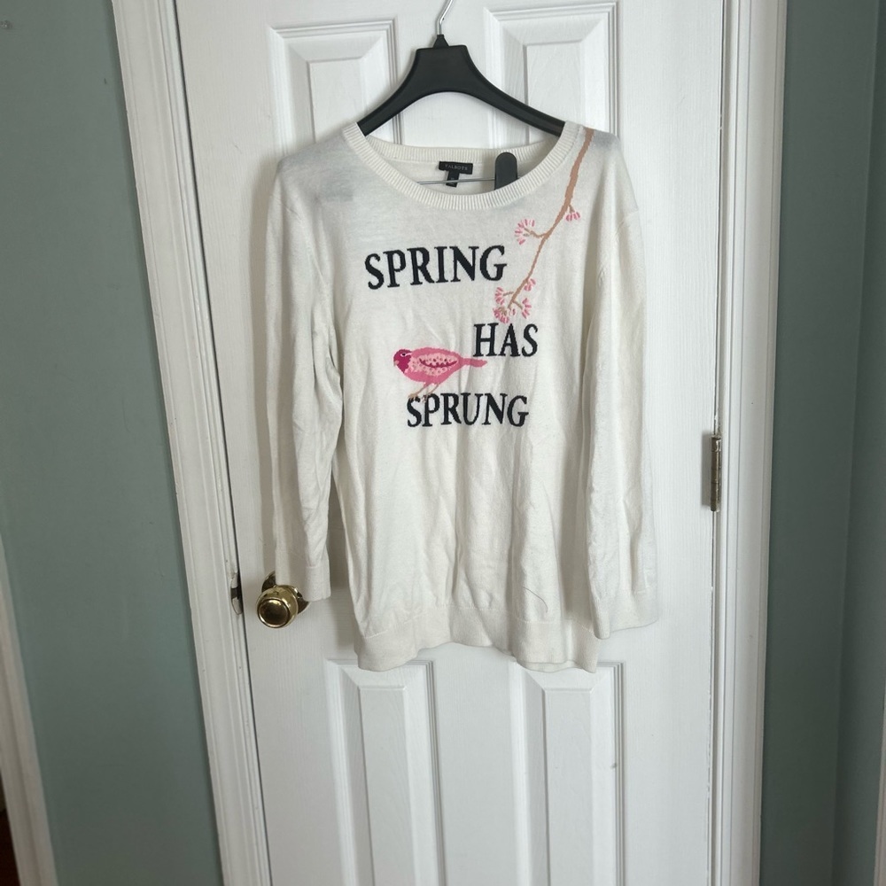 Talbots Women's Sweater Sz XL Beige Embroidered 3/4 Sleeve Floral Bird Crew